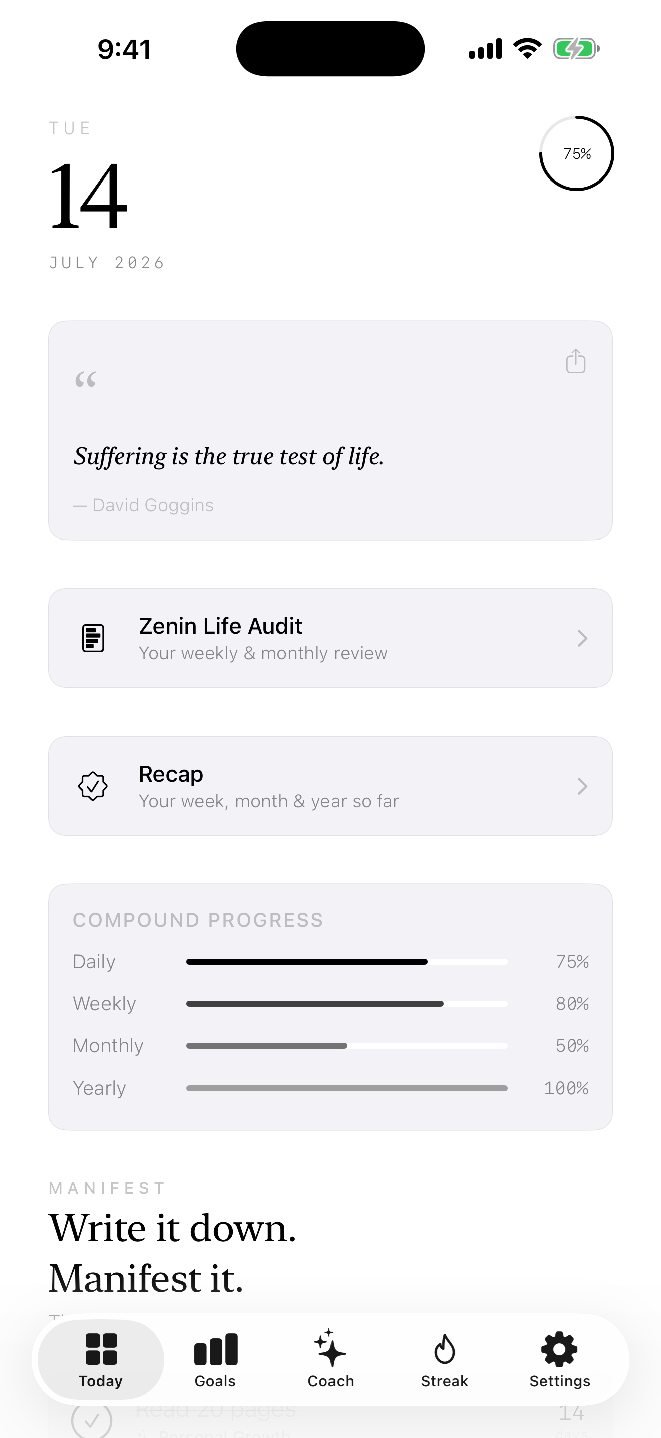 Zenin Today screen showing daily goals, streaks and compound progress